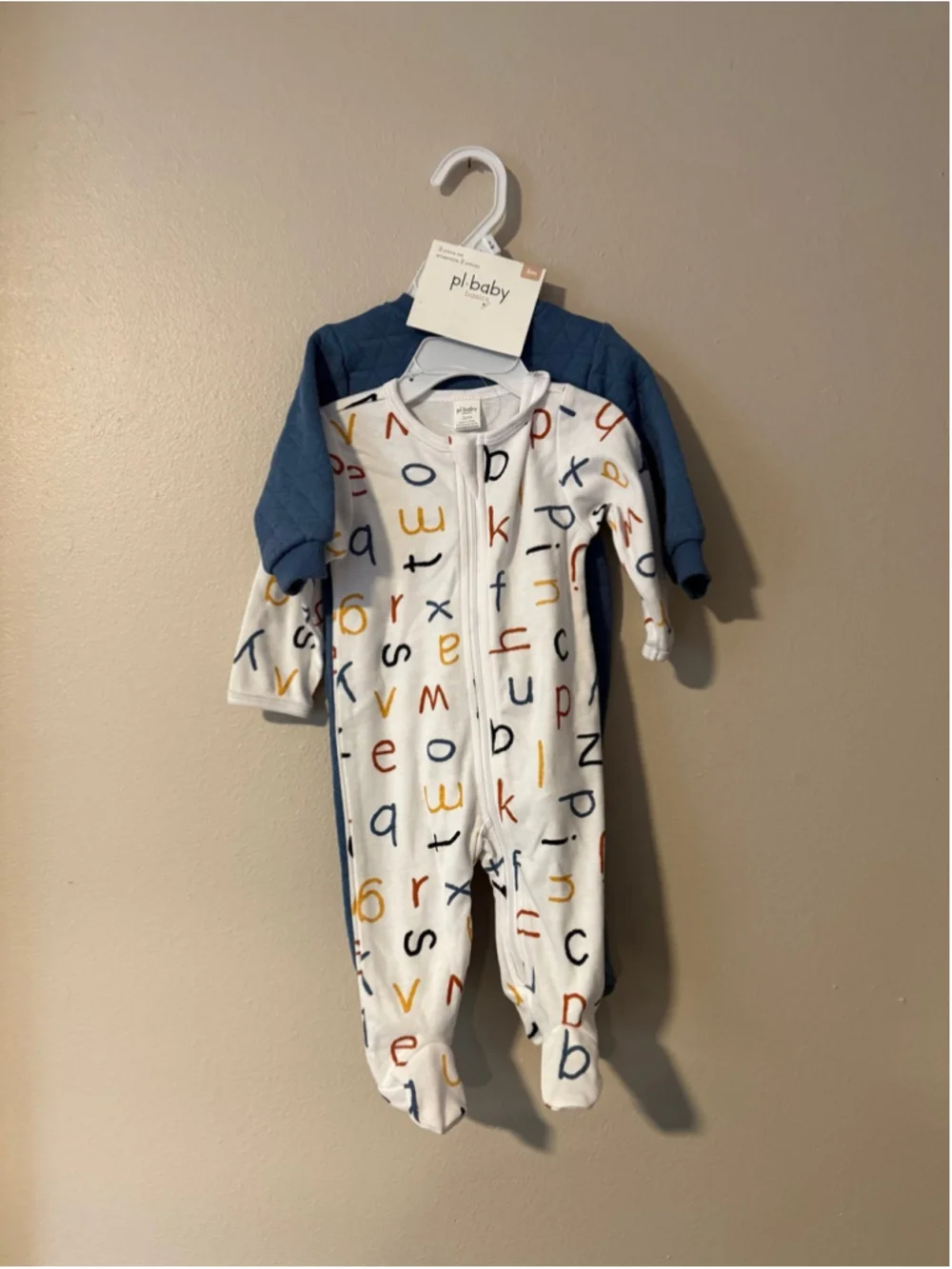 pl-baby 3m alphabet print footie pajamas and blue long sleeve onesie
